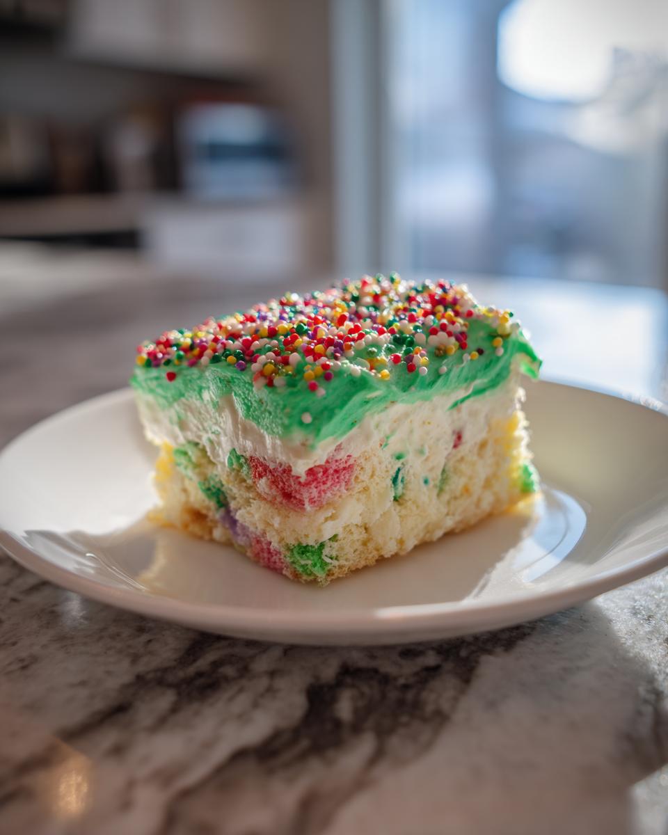 A festive slice of Christmas tree cheesecake topped with green frosting and colorful sprinkles.