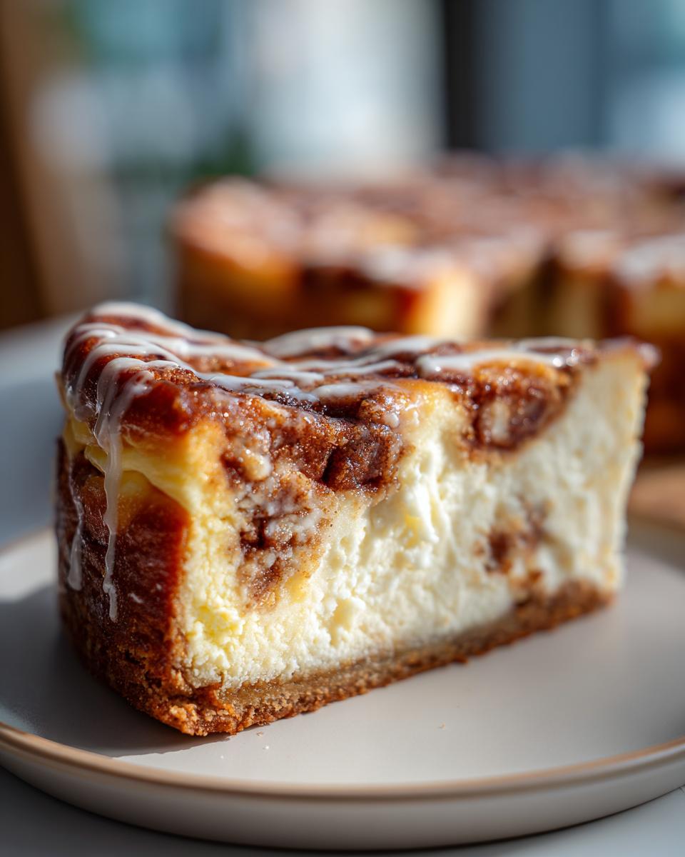 A thick slice of cinnamon roll cheesecake with a visible graham cracker crust and cinnamon swirl, topped with white icing.