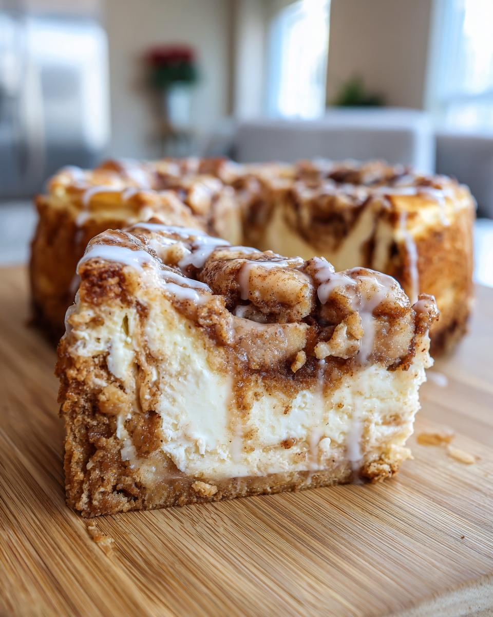 A close-up slice of rich cinnamon roll cheesecake with a crumbly topping and white icing drizzled over it.