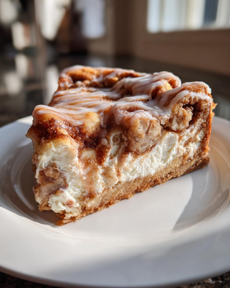 A thick slice of cinnamon roll cheesecake with a creamy white filling and cinnamon swirl topping, drizzled with white icing.