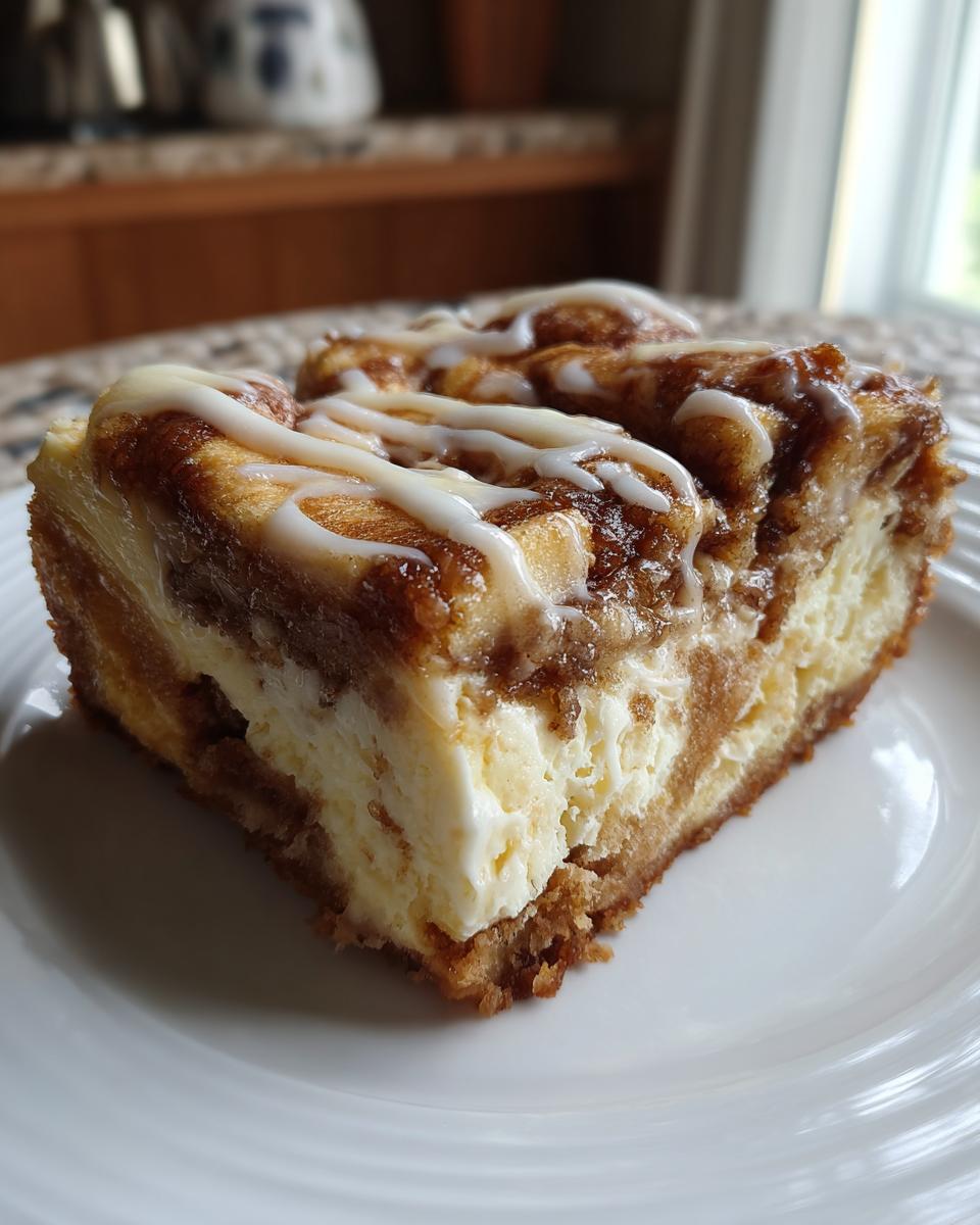 A close-up of a rich slice of cinnamon roll cheesecake with a creamy white icing drizzle on top.
