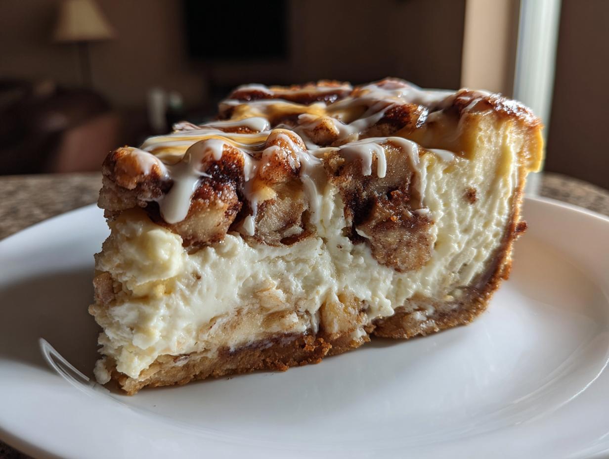 A thick slice of cinnamon roll cheesecake featuring a creamy base and cinnamon swirl topping drizzled with white icing.