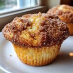 A close-up of a freshly baked cinnamon sugar french toast muffin topped with sparkling cinnamon sugar.