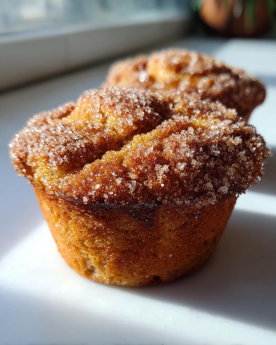 Close-up of a golden brown cinnamon sugar french toast muffins topped with sparkling sugar crystals.