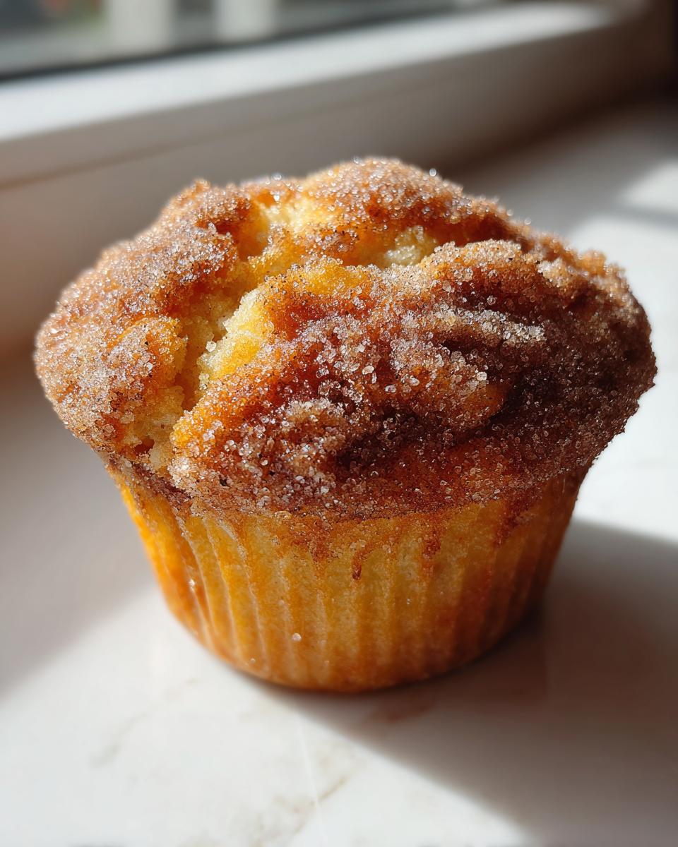 A single, golden cinnamon sugar french toast muffins topped generously with sparkling cinnamon sugar crystals.