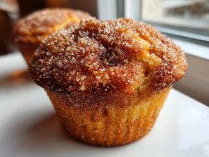 Close-up of a freshly baked cinnamon sugar french toast muffin topped with sparkling cinnamon sugar crystals.
