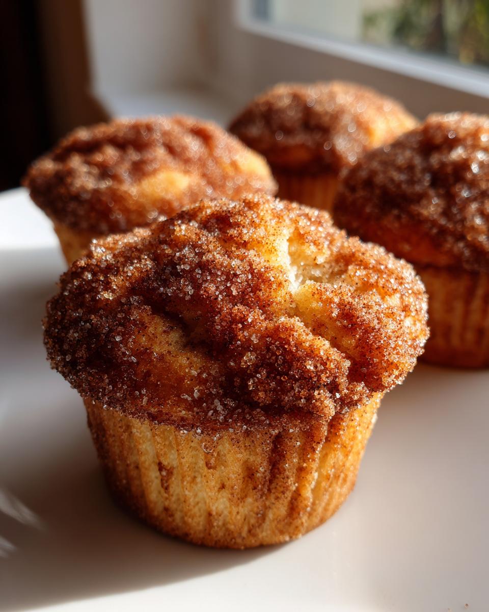 A close-up of freshly baked cinnamon sugar french toast muffins topped with sparkling sugar crystals.