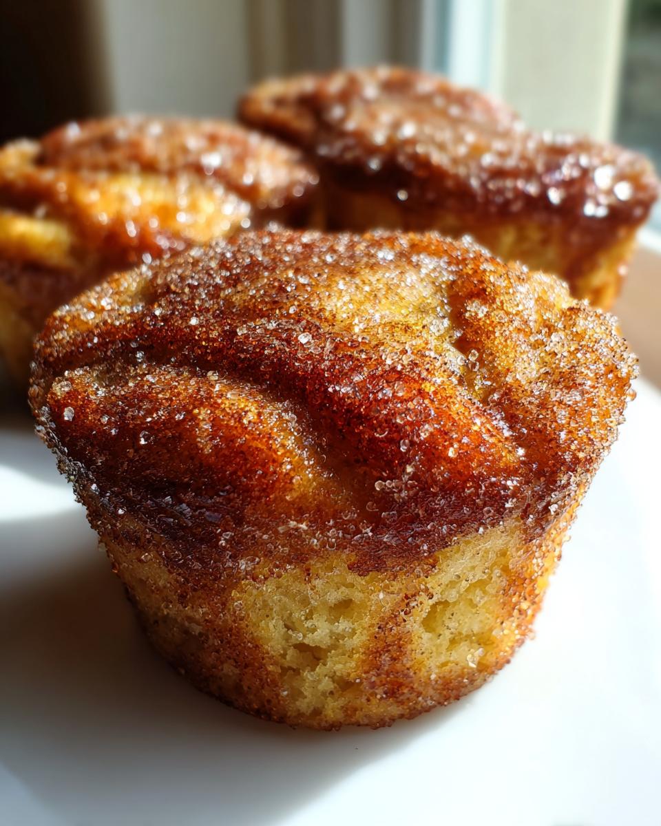 Close-up of a freshly baked cinnamon sugar french toast muffins topped with sparkling sugar crystals.