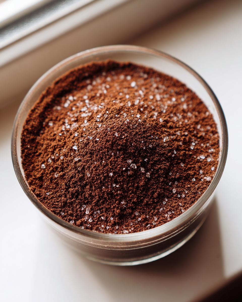 Close-up overhead view of rich brown homemade hot cocoa mix powder sprinkled with coarse sugar crystals.