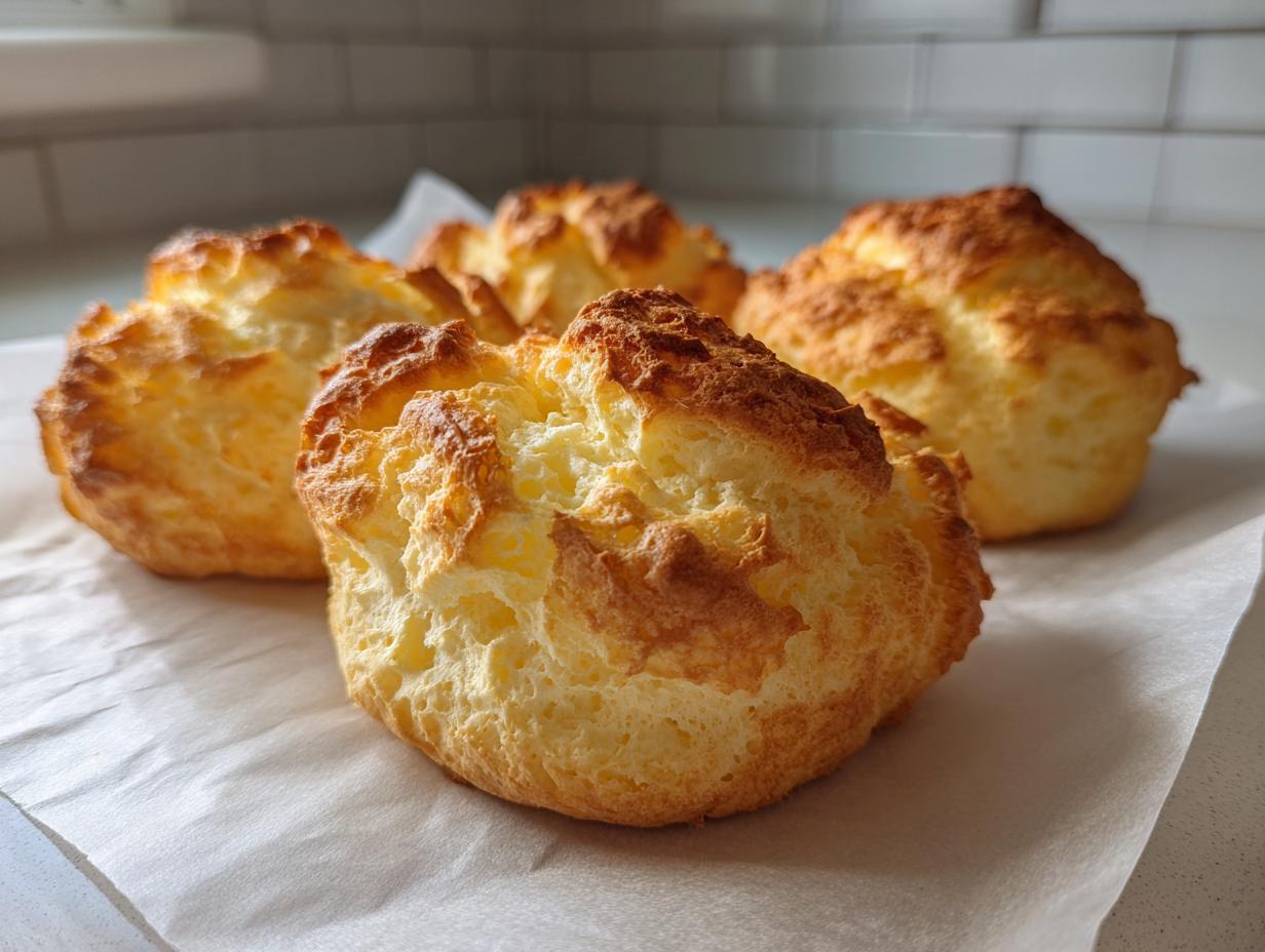 Four golden-brown, fluffy cloud bread portions resting on parchment paper.