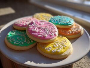 A plate of round sugar cookies decorated with brightly colored icing using a cookie icing recipe, featuring white piped details.