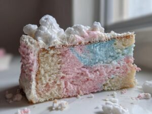 Close-up of a slice of cotton candy cake showing pink, blue, and white marbled layers and fluffy white frosting.