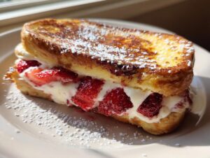 A thick slice of golden brown cream cheese stuffed french toast filled with cream and fresh strawberries, dusted with powdered sugar.