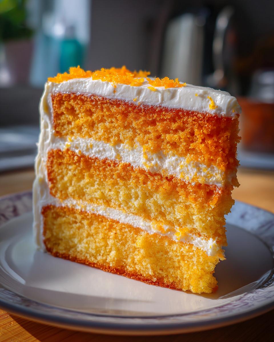 Close-up of a moist slice of Creamsicle Cake showing three layers of orange sponge and white frosting, topped with zest.
