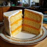 Two slices of layered Creamsicle Cake, showing yellow cake and bright orange filling, frosted in white.
