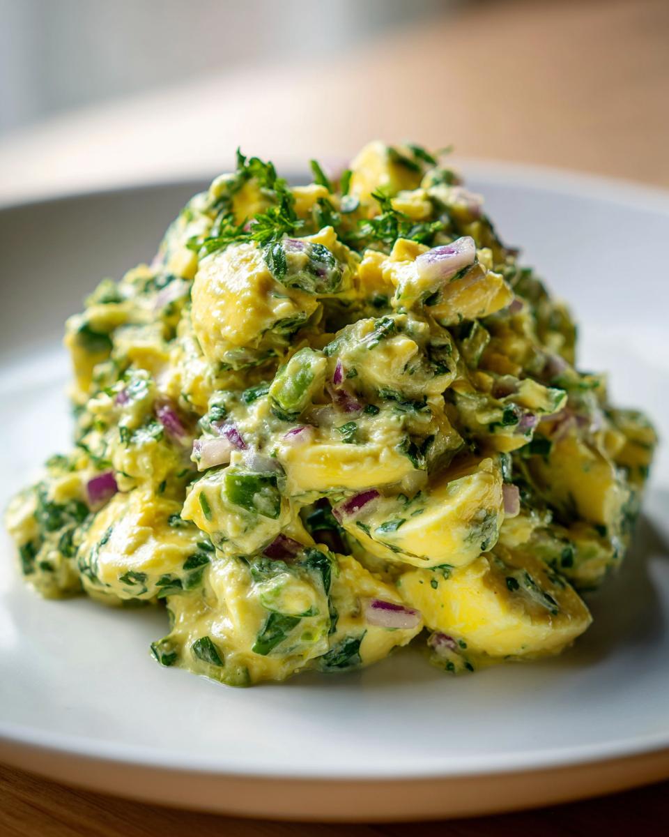 A mound of creamy avocado egg salad mixed with chopped red onion and herbs, served on a white plate.