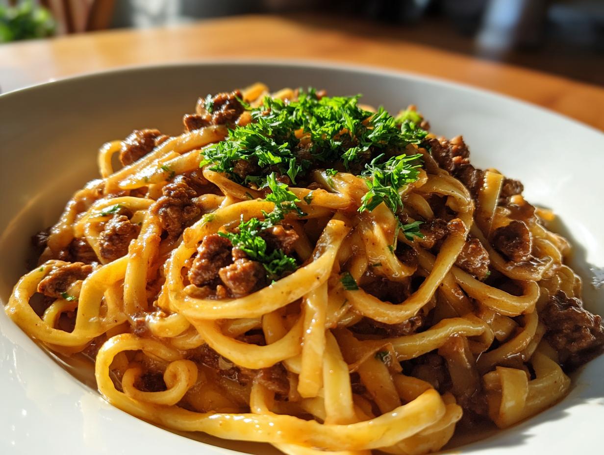 Close-up of a bowl filled with creamy beef pasta, featuring thick noodles coated in sauce and topped with fresh parsley.