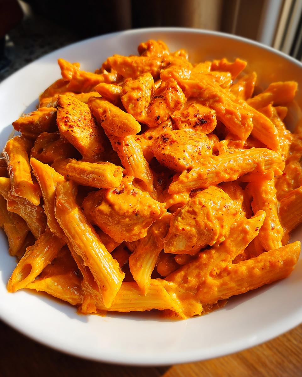Close-up of penne pasta mixed with chicken chunks in a vibrant, creamy, cheesy chicken pasta sauce.