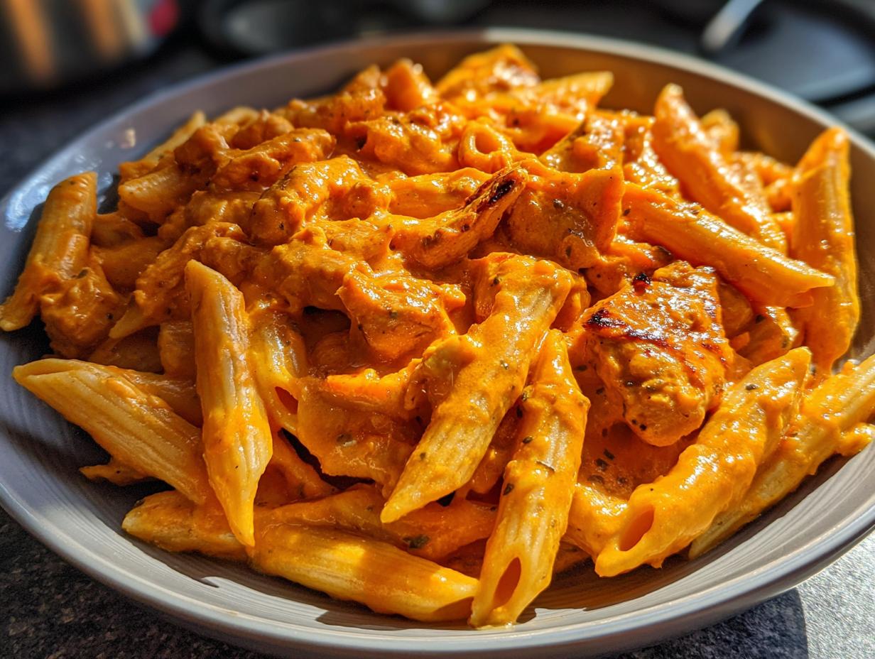 Close-up of penne pasta coated in a rich, orange, cheesy sauce with chunks of chicken, representing cheesy chicken pasta.