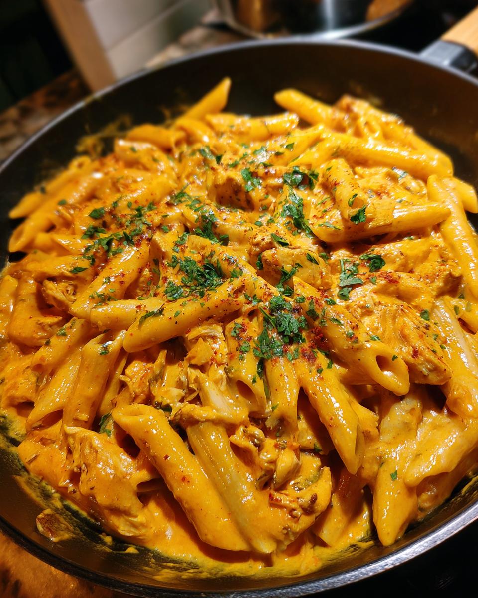 Close-up of creamy cheesy chicken pasta made with penne, garnished with parsley and spices in a black skillet.