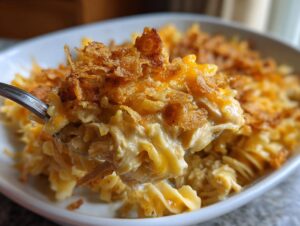A spoonful of creamy chicken noodle casserole topped with melted cheese and crispy fried onions being lifted from a white dish.