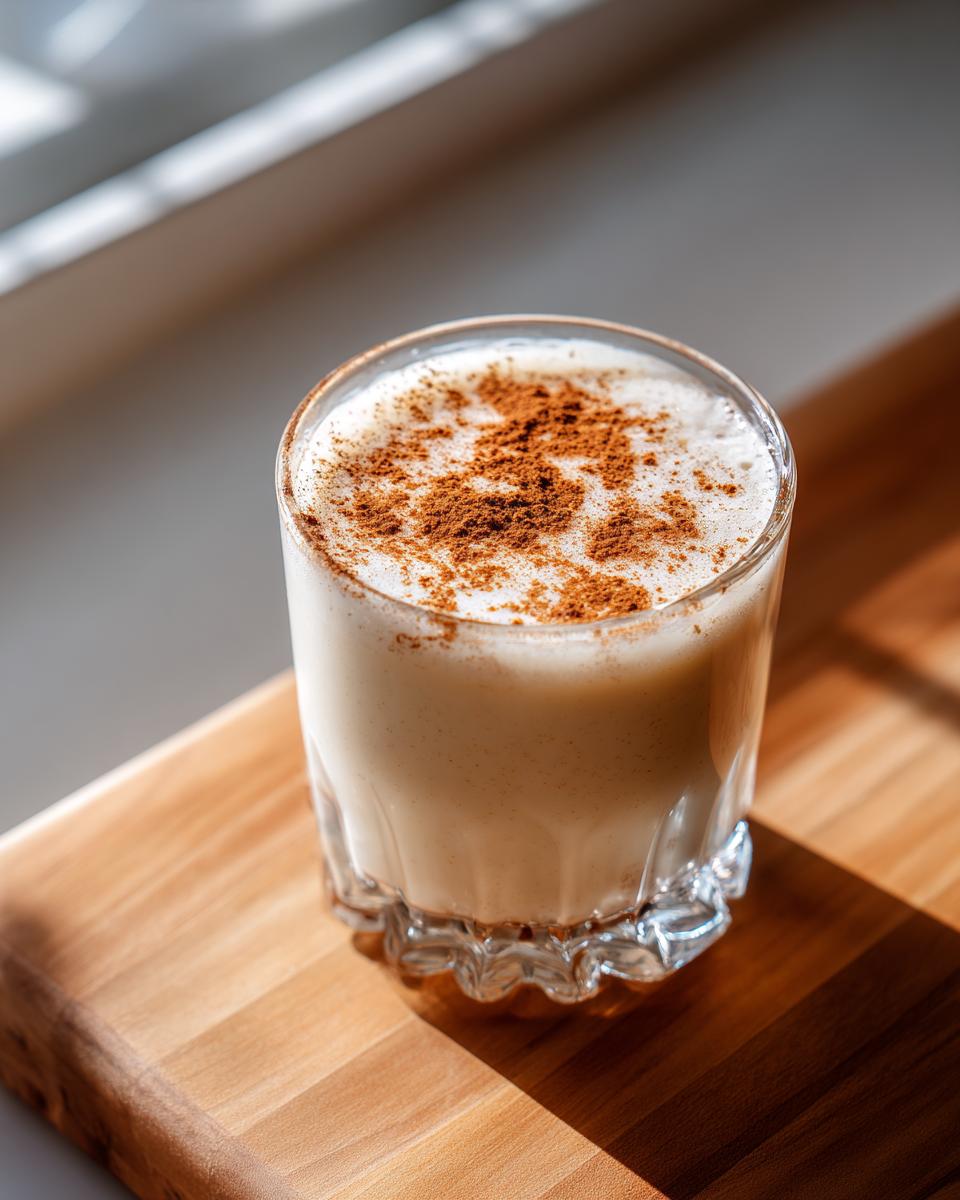 A glass of creamy coquito recipe topped generously with ground cinnamon, sitting on a wooden board.