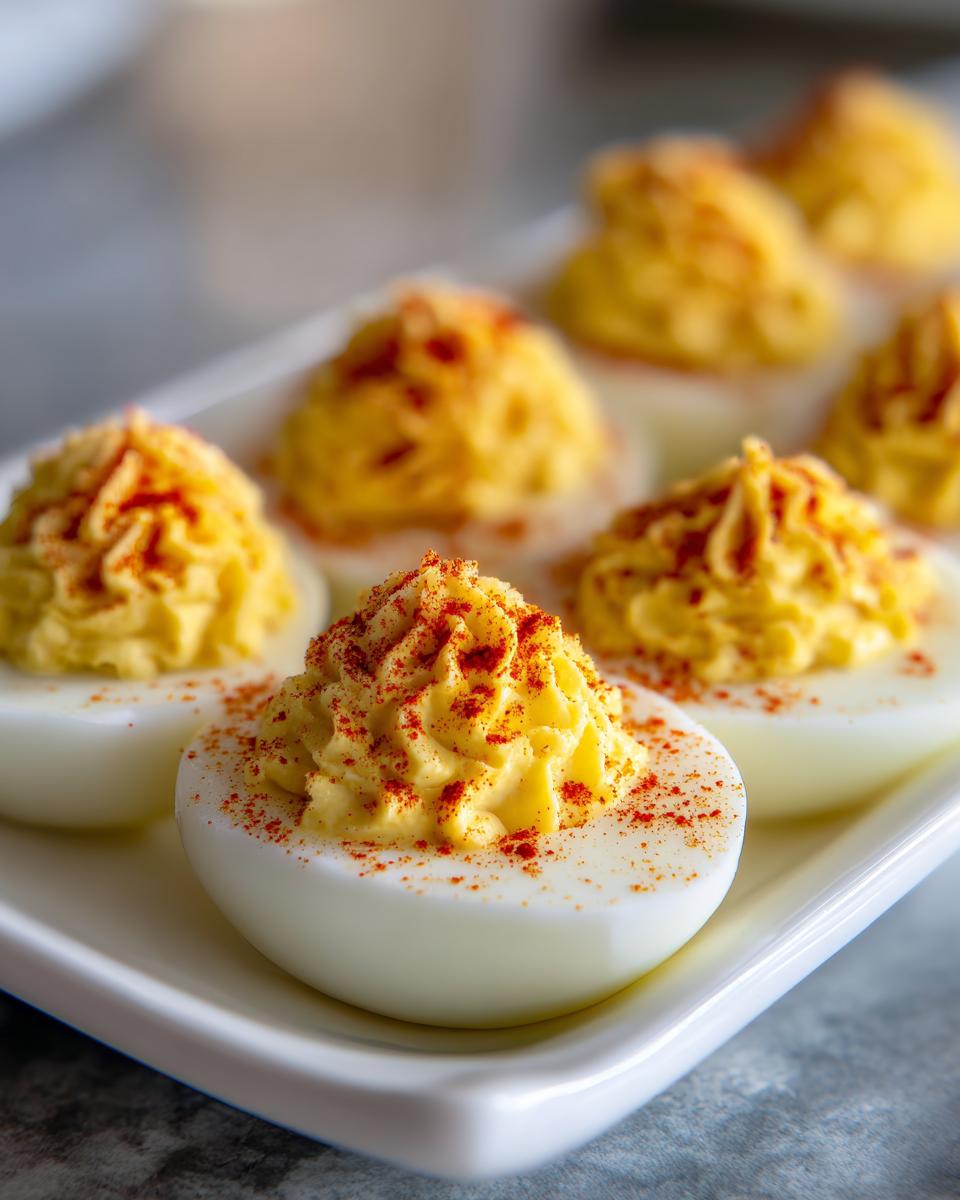 Close-up of perfectly piped deviled eggs sprinkled with paprika on a white serving platter.