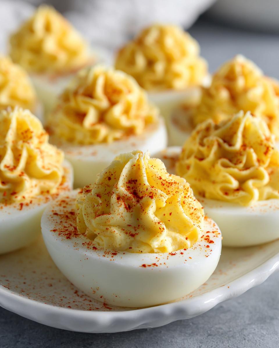 Close-up of creamy deviled eggs piped high with filling and sprinkled with paprika.