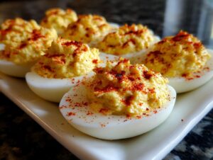 Close-up of several creamy deviled eggs garnished with bright red paprika on a white rectangular plate.