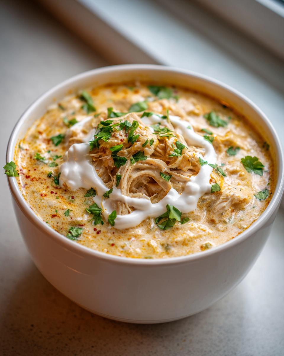 Close-up of a bowl of creamy keto white chicken chili topped with shredded chicken, sour cream, and fresh cilantro.