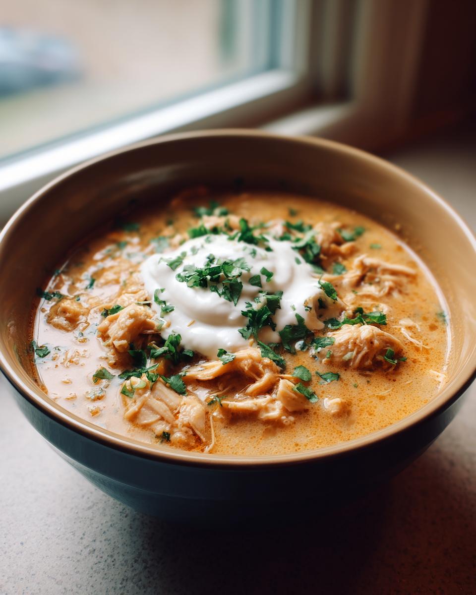 A close-up of a bowl of creamy keto white chicken chili topped with sour cream and fresh cilantro.