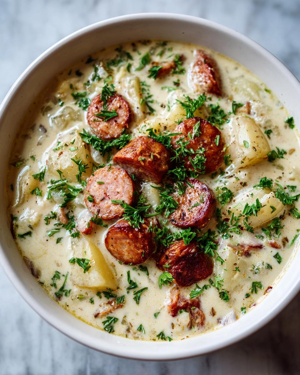 Close-up of a bowl of creamy kielbasa potato soup garnished generously with fresh parsley.