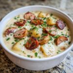 Close-up of a creamy kielbasa potato soup in a white bowl, topped with browned sausage slices and fresh parsley.