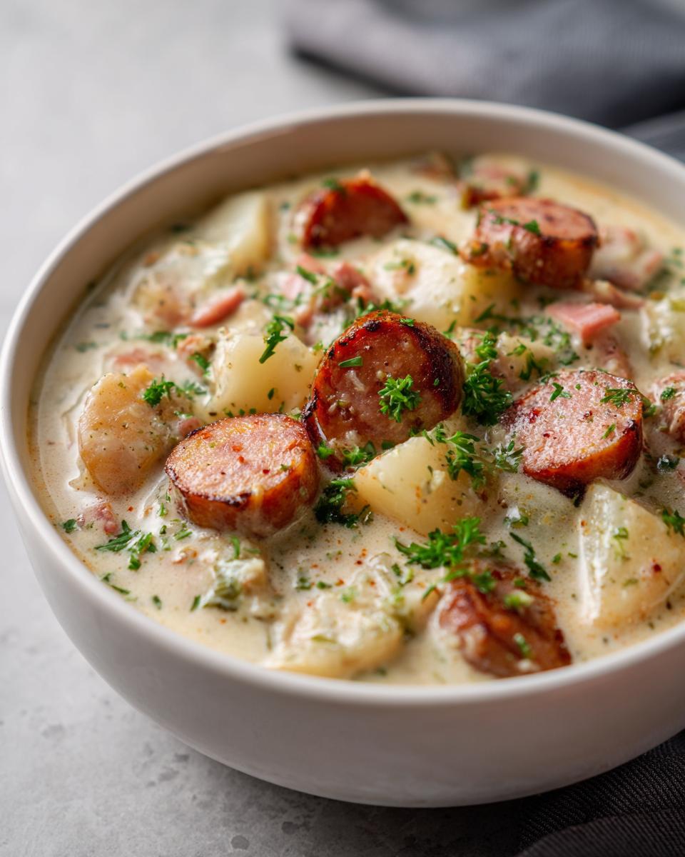 Close-up of a creamy kielbasa potato soup bowl, featuring browned sausage slices and potatoes.