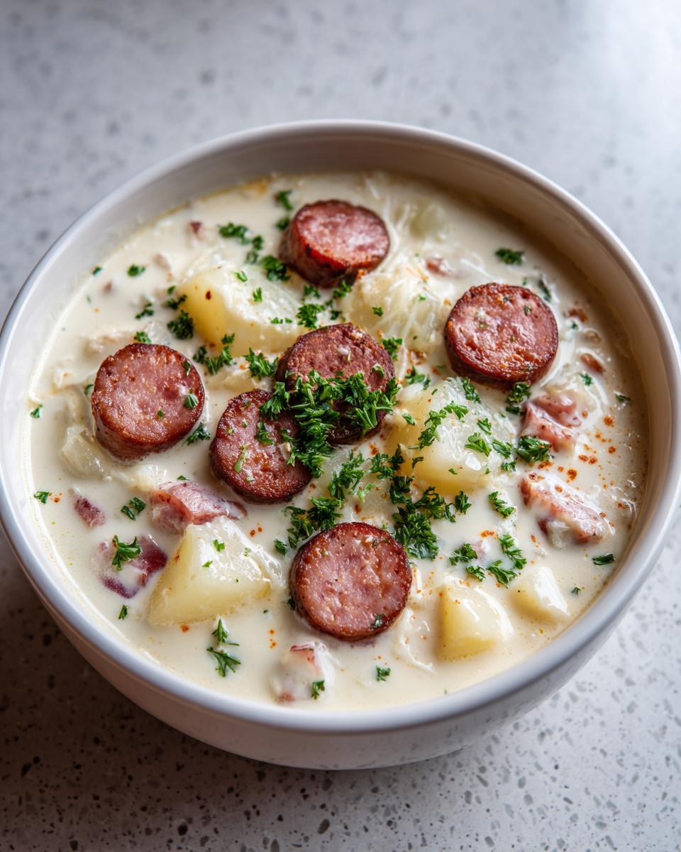 Close-up of creamy kielbasa potato soup topped with sliced sausage and fresh parsley.