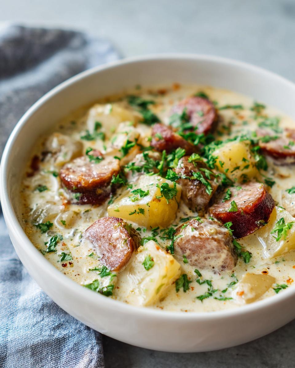 Close-up of creamy kielbasa potato soup with chunks of sausage and potatoes, topped with fresh parsley.