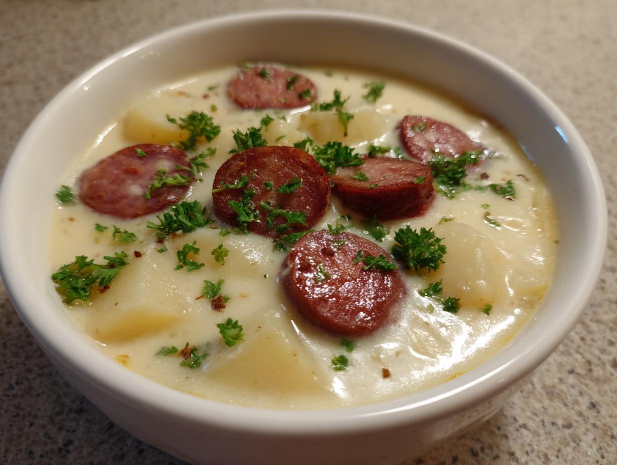Close-up of creamy kielbasa potato soup featuring sliced sausage, potatoes, and fresh parsley garnish.