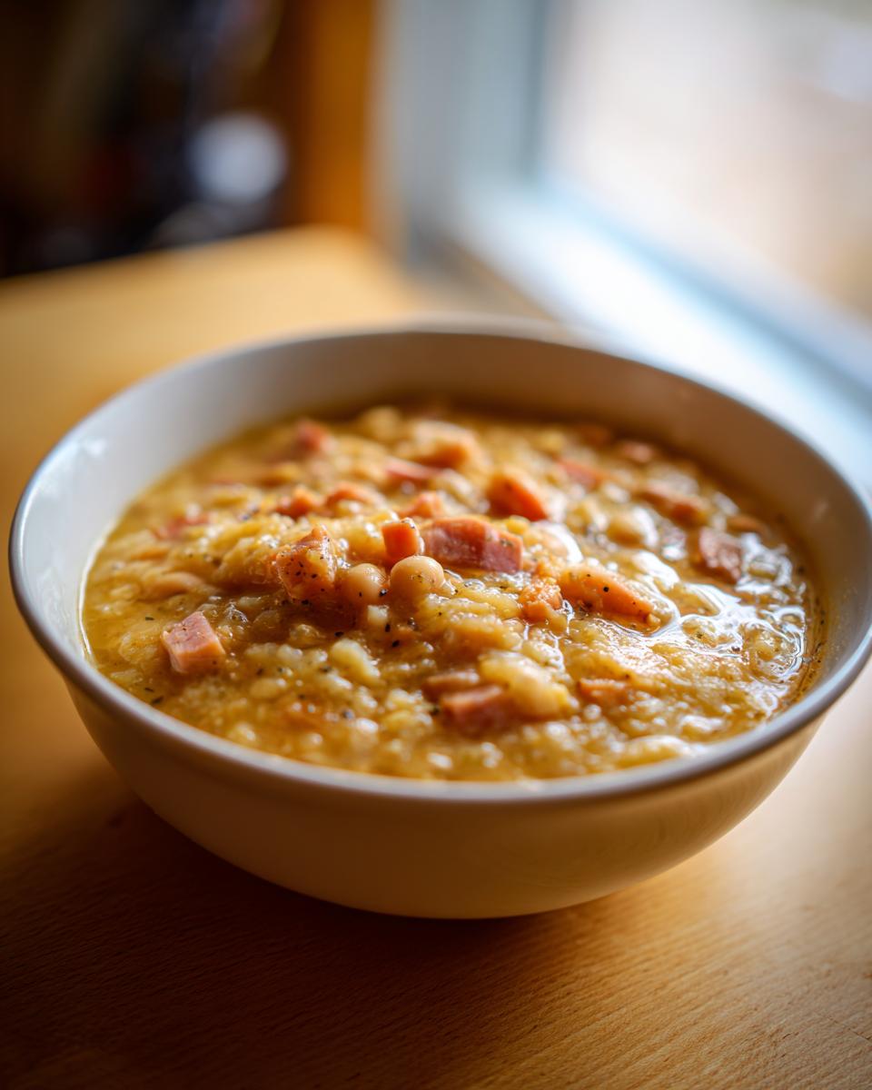 A close-up of a creamy bowl of navy bean soup topped with diced ham pieces, seasoned with pepper.
