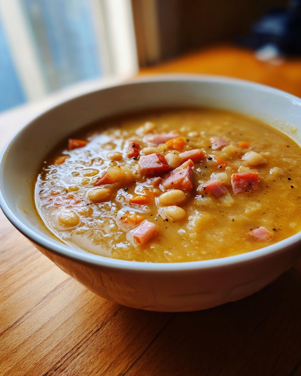 Close-up of a creamy, thick bowl of navy bean soup featuring visible white beans, diced carrots, and pink ham pieces.