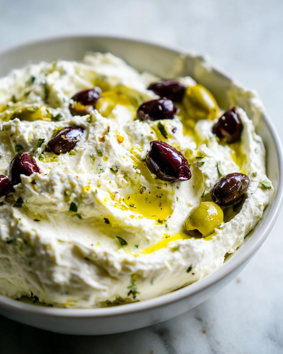 Close-up of a creamy white olive dip garnished with whole Kalamata and green olives and drizzled with olive oil.