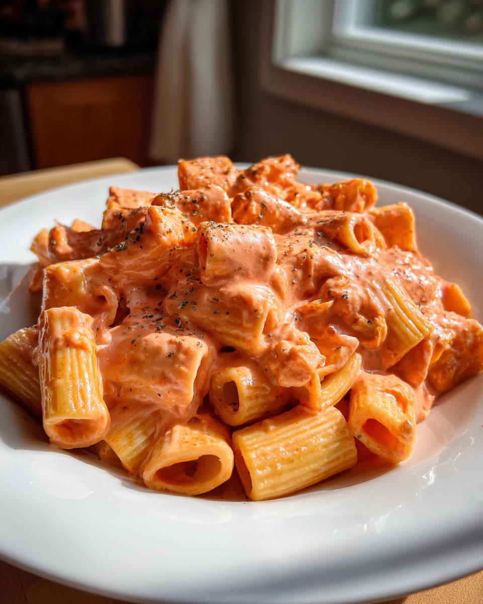 A close-up shot of rigatoni pasta coated generously in creamy pink sauce pasta, seasoned with herbs.