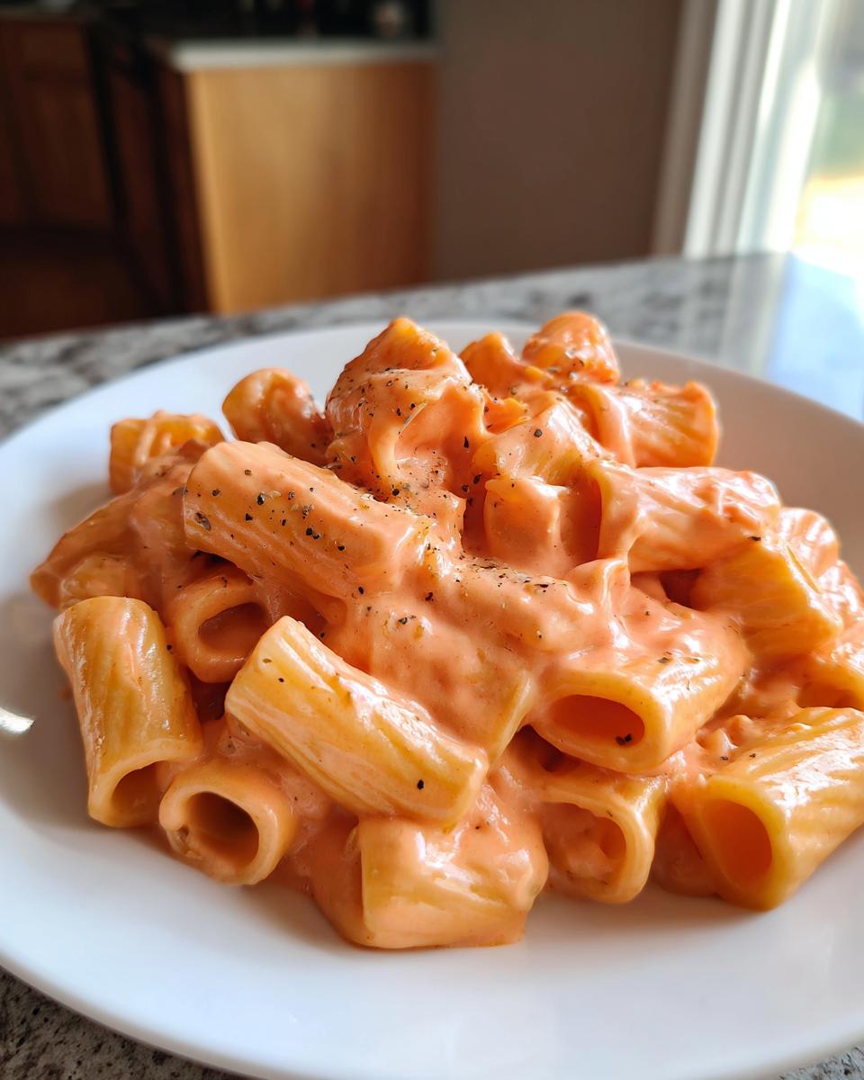 Close-up of rigatoni pasta coated in a rich, creamy pink sauce pasta, topped with black pepper.
