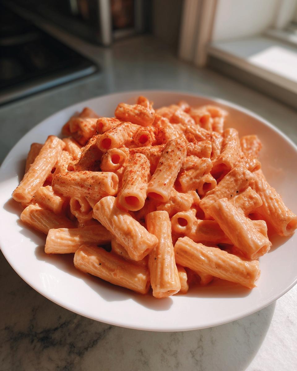 Close-up of rigatoni pasta coated in creamy pink sauce pasta, sprinkled with paprika.