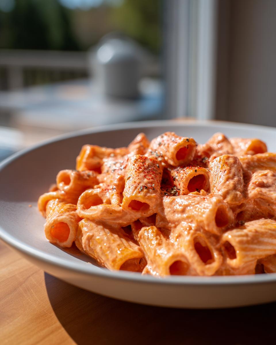 A close-up of rigatoni pasta coated in creamy pink sauce pasta, seasoned with herbs and spices.