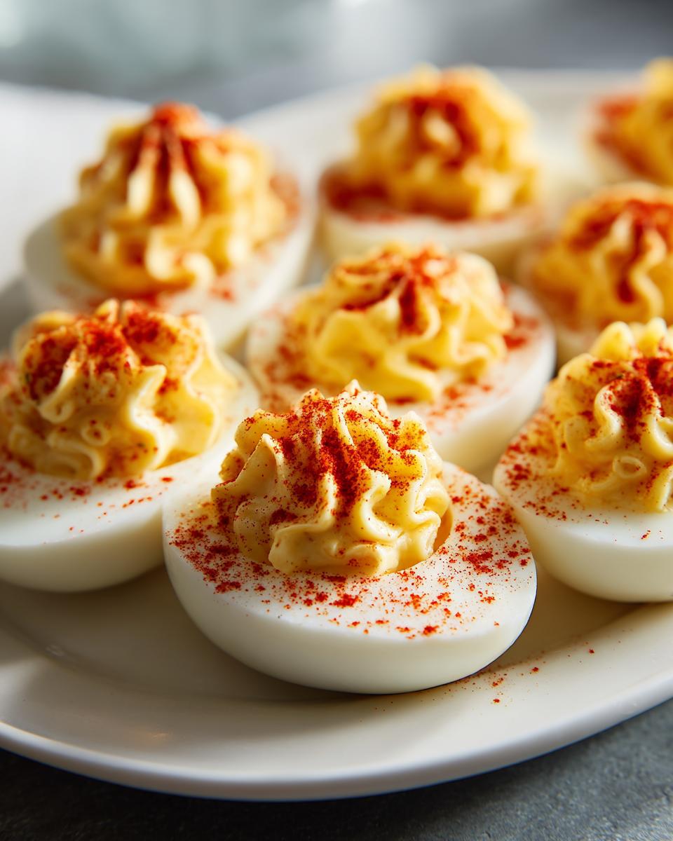 Close-up of creamy, piped deviled eggs dusted generously with bright red paprika on a white plate.
