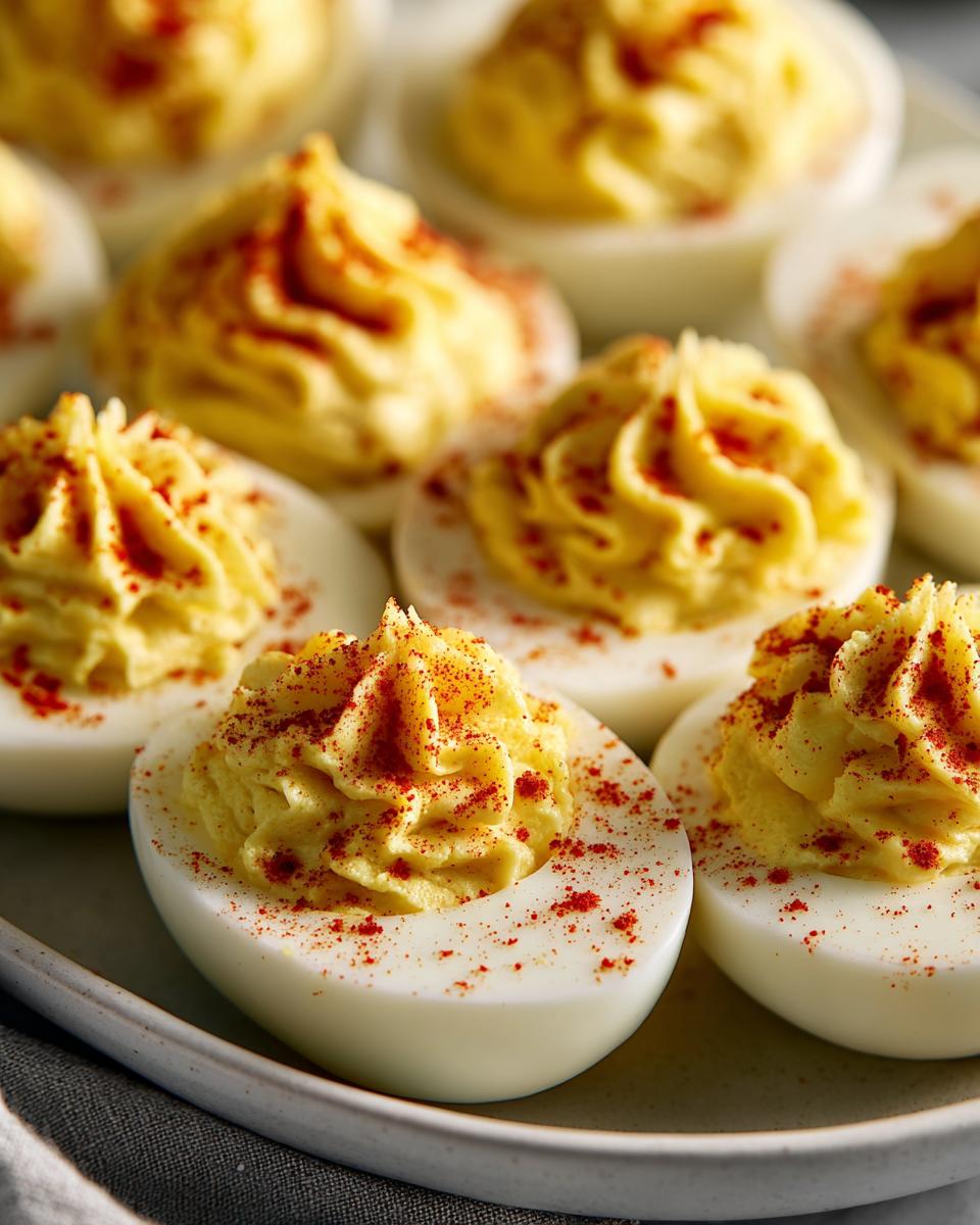 Close-up of creamy, piped deviled eggs sprinkled with red paprika, ready to serve.