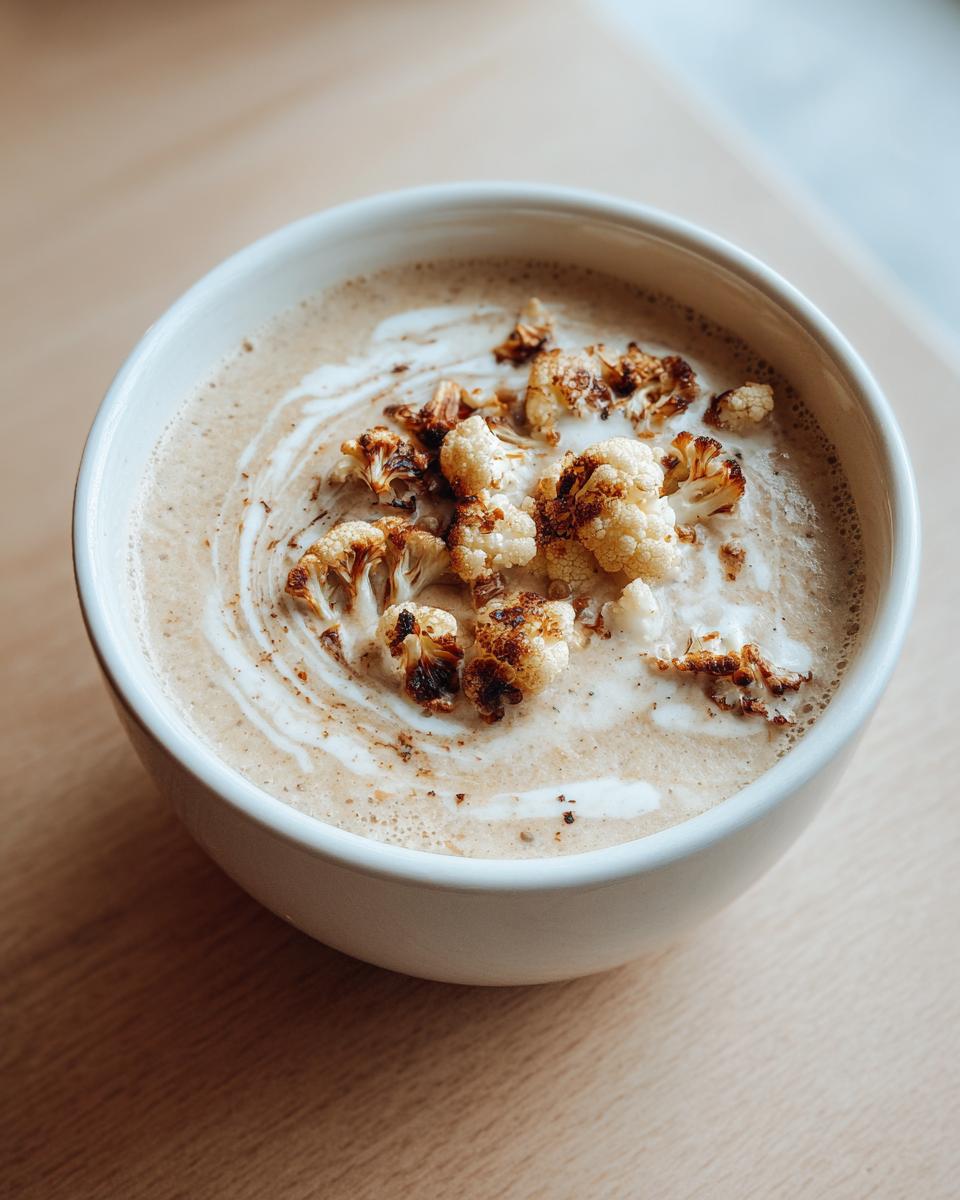 Close-up of creamy roasted cauliflower soup topped with roasted cauliflower florets and a swirl of cream.