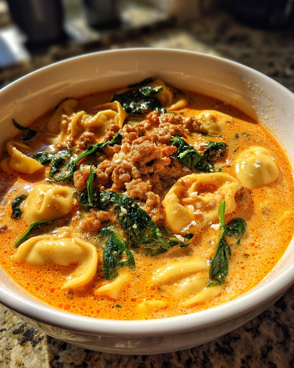 A close-up of a white bowl filled with creamy sausage tortellini soup, featuring tortellini, crumbled sausage, and wilted spinach.