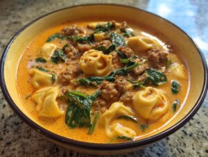 A close-up view of a hearty bowl of creamy sausage tortellini soup, featuring tortellini pasta, ground sausage, and wilted spinach.