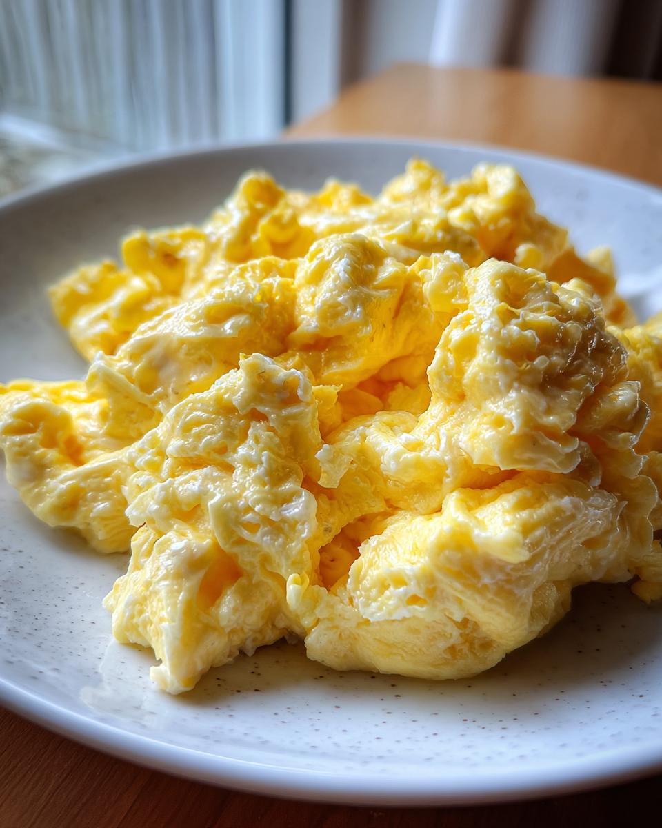 Close-up of fluffy, creamy scrambled eggs served on a speckled white plate, ready to eat.